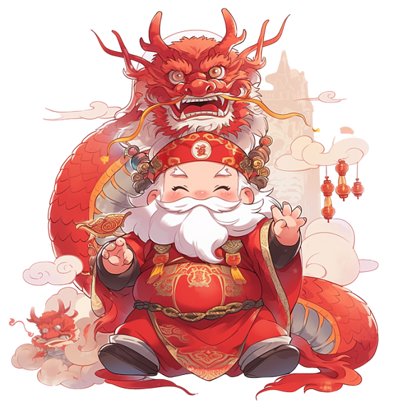 潮国创意新年龙年手绘元素财神卡通