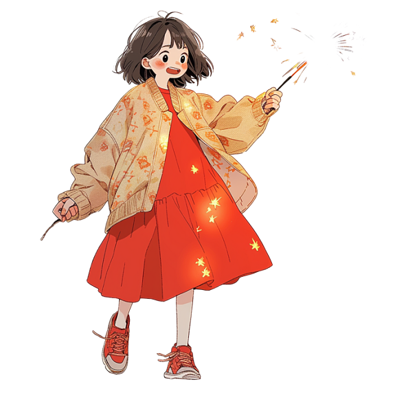 潮国创意卡通迎新年可爱女孩烟花手绘元素人物