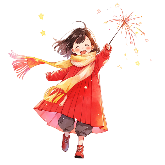 潮国创意可爱女孩迎新年烟花卡通手绘元素人物