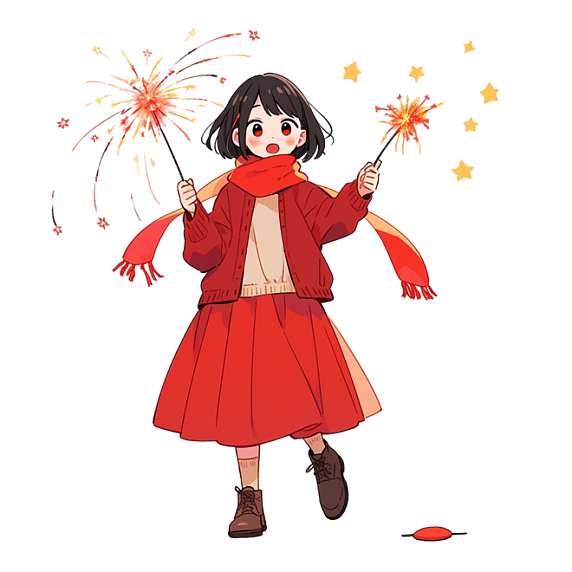 潮国创意可爱女孩烟花卡通手绘元素迎新年人物