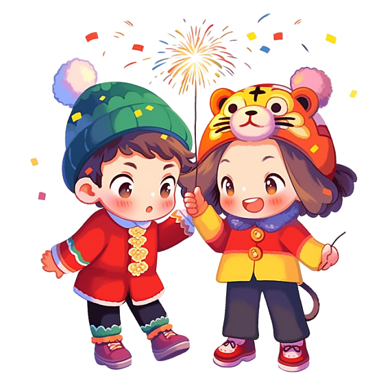 潮国创意手绘迎新年可爱孩子烟花卡通元素人物