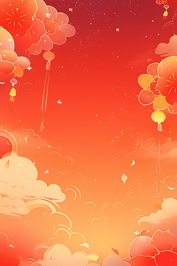 潮国创意灯笼祥云红色新年春节手绘背景