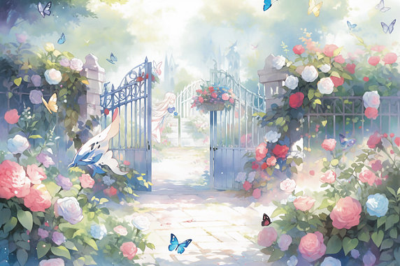 创意田园风光蝴蝶鲜花小门水彩田园风插画浪漫花园