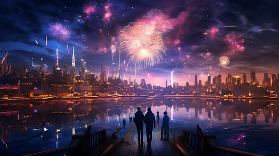 潮国创意城市夜晚烟花美景新年跨年