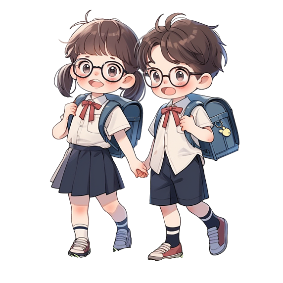 潮国创意可爱的男孩女孩开学季卡通手绘元素