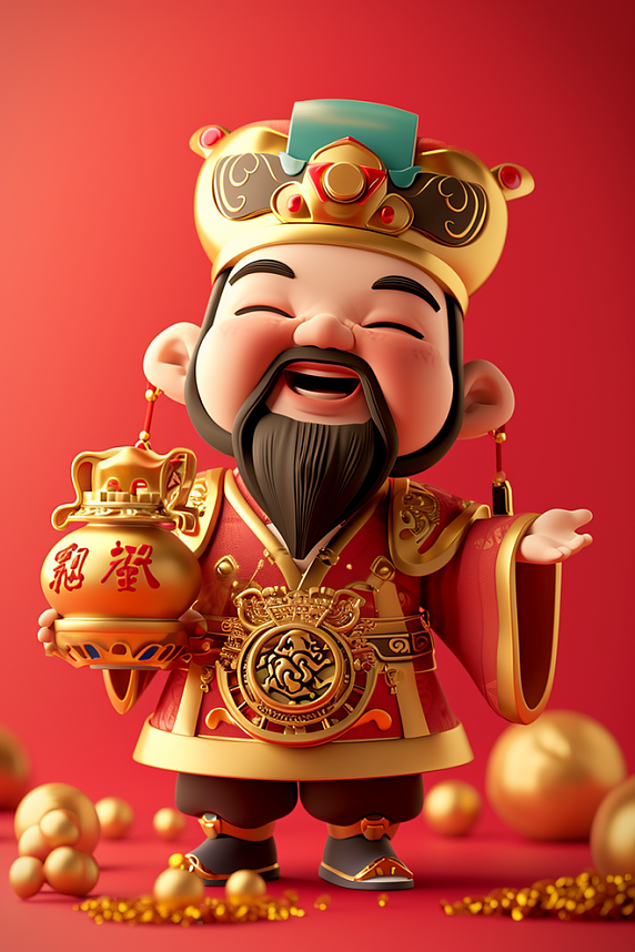 创意财神爷年初五手绘新年财神元宝立体矢量插画