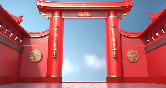 创意年货节中国风国潮大门古建筑开门红