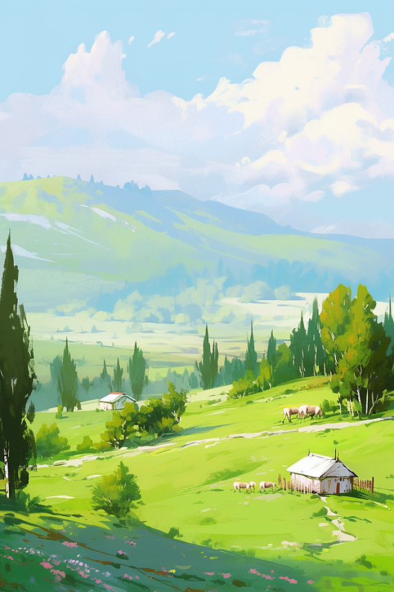 创意文艺唯美青山绿树春天风景油画手绘插画