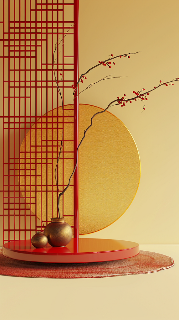 创意国风中式意境新年插花室内装修年货节电商展台背景素材