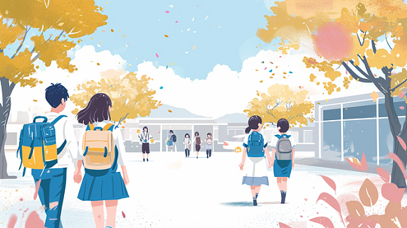 创意教育学习彩色手绘小孩子背书包上学开学季的插画5