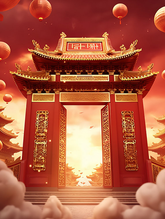 创意年货新年红色大气中国风国潮古建筑通道宫殿开门红电商背景