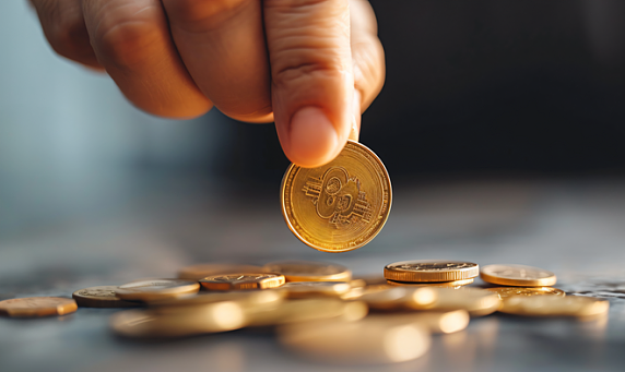创意金融财富货币硬币投资理财付费手拿金币付钱