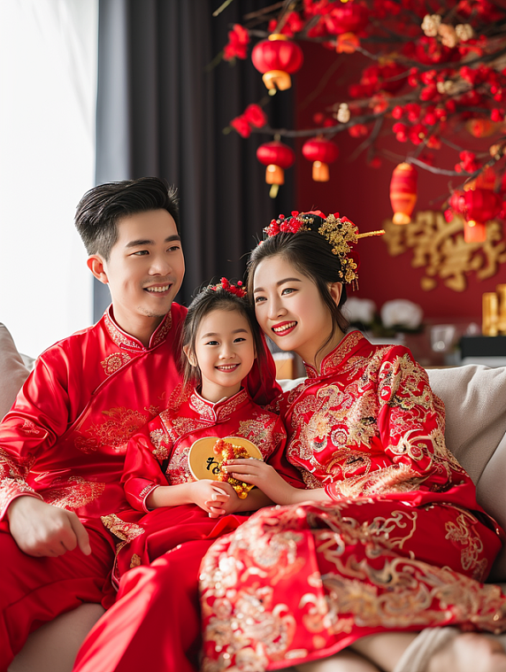 创意一家人家庭成员坐在沙发上结婚婚礼