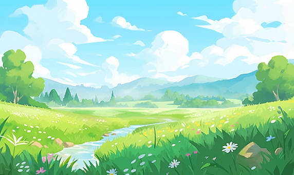 创意春天自然风景卡通田园风治愈春季背景插画