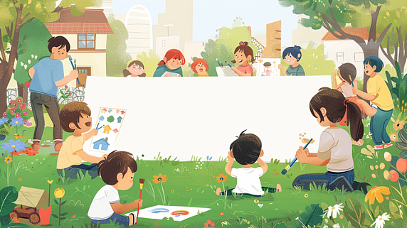创意儿童节上绘画课的儿童幼儿园卡通边框画布插画
