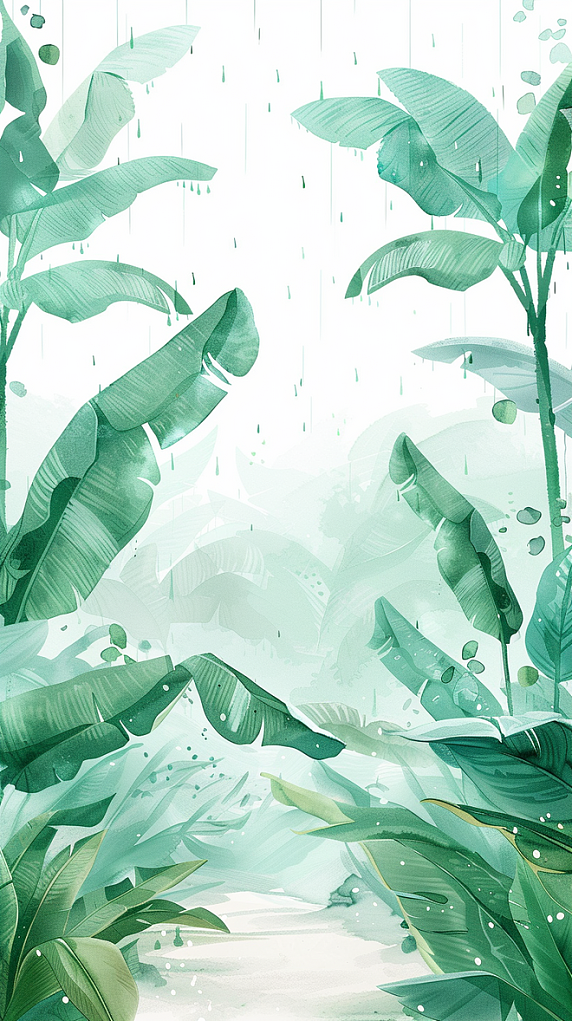 创意春天植物谷雨节气雨中绿植芭蕉叶叶子水彩背景