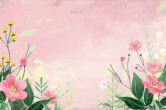 创意春天植物手绘花朵插画粉色水彩植物边框背景