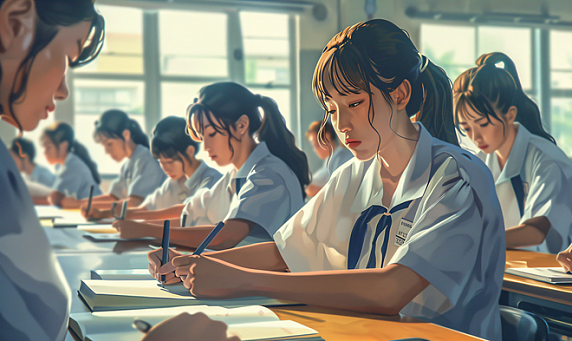 漫画风教育培训上课女高中生形象做作业读书