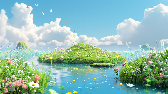 春天草地草坪空境农场牧场唯美清新自然风景花草树木河流的插画