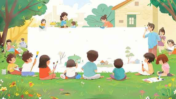 创意儿童节上绘画课的儿童幼儿园卡通边框画布插画