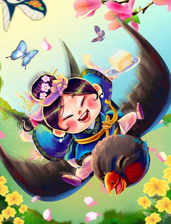 春天可爱古装卡通插画