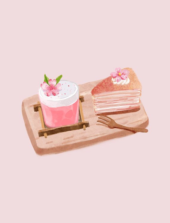 春天水彩樱花系列甜点美食