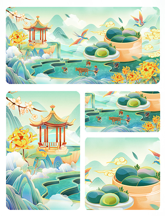 国潮清明节青团中国风清明插画