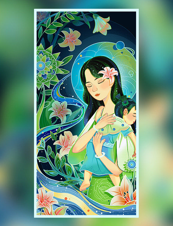 母亲节国潮风插画