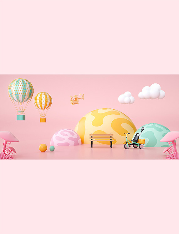 粉色六一儿童节热气球云c4d背景