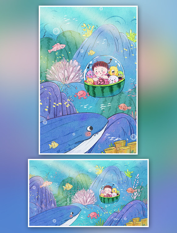夏天夏季海底世界西瓜潜水艇插画