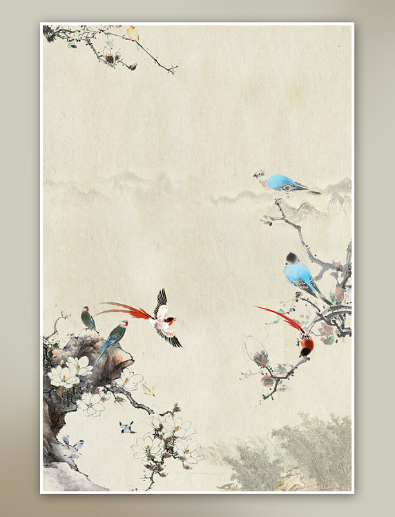 古典复古中国风远山近鸟背景海报