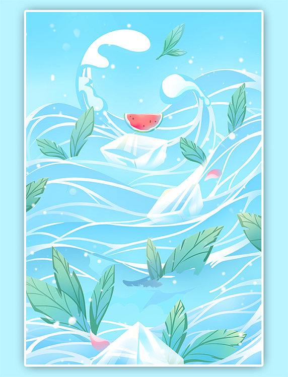 蓝色夏天夏季泳池树叶西瓜创意插画