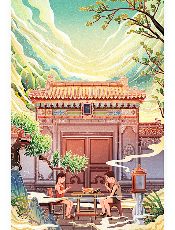 国潮夏至夏天二十四节气吃西瓜场景插画