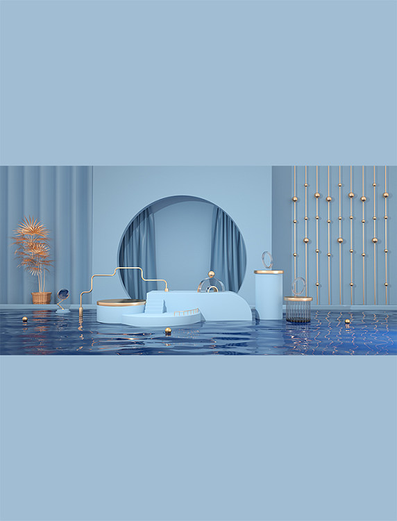 蓝色简约C4D展台几何立体感背景3D立体
