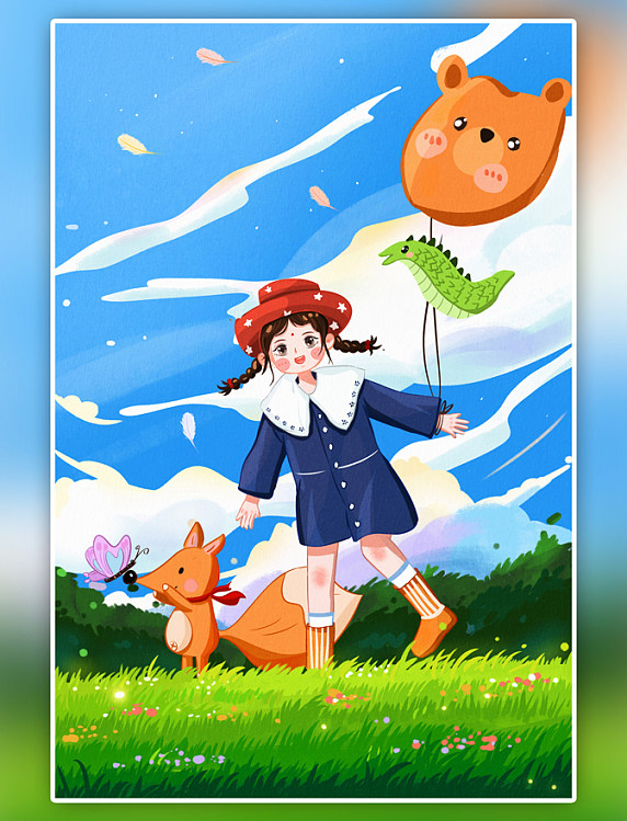 夏至女孩夏天狐狸草地白云温馨欢乐蓝天蝴蝶竖图