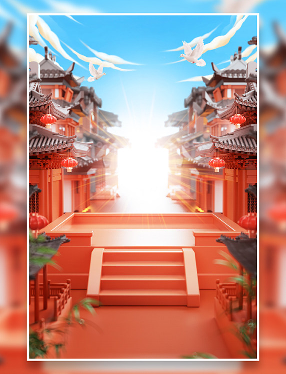 c4d年货节中式建筑背景双十一双11双十二双12
