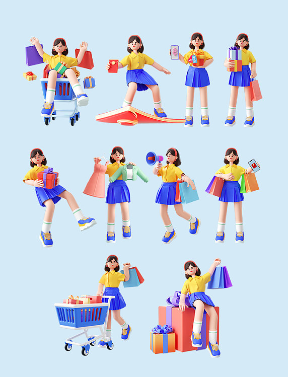 双12双十二3d电商促销购物立体人物C4D套图