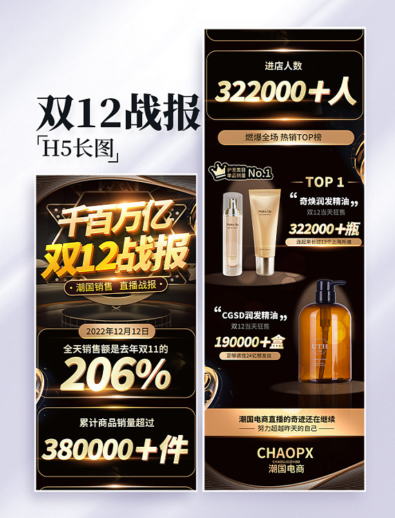 黑金色双十二战报销售长图H5设计