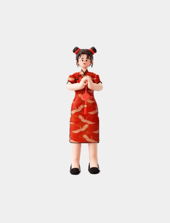 C4D立体3D春节新春过年旗袍女生人物拿同心结拜年恭喜动图gif