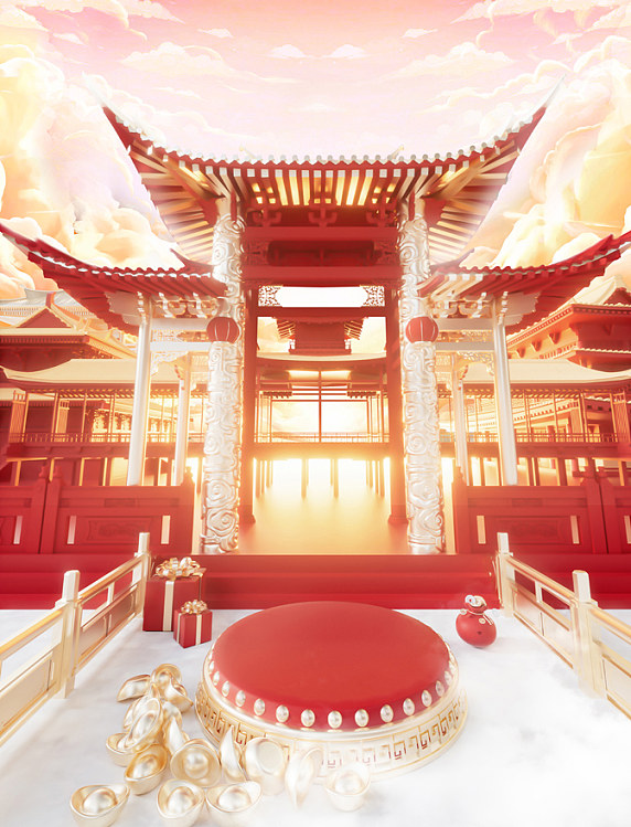 新年年货节创意金红色中国风促销C4D电商场景