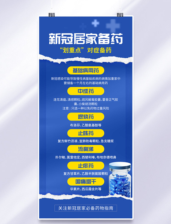 蓝色新冠居家备药指南药品撕纸全屏海报