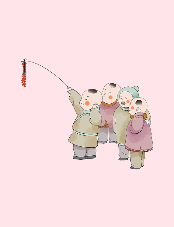 兔年春节福娃放鞭炮喜迎新年