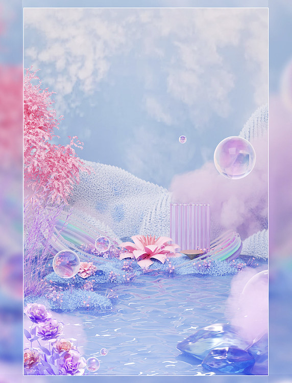 3D立体紫色梦幻场景背景春天春季