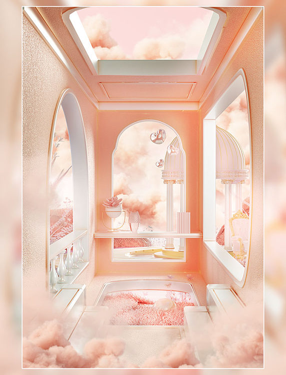 38妇女节3D立体粉色空间感唯美电商场景