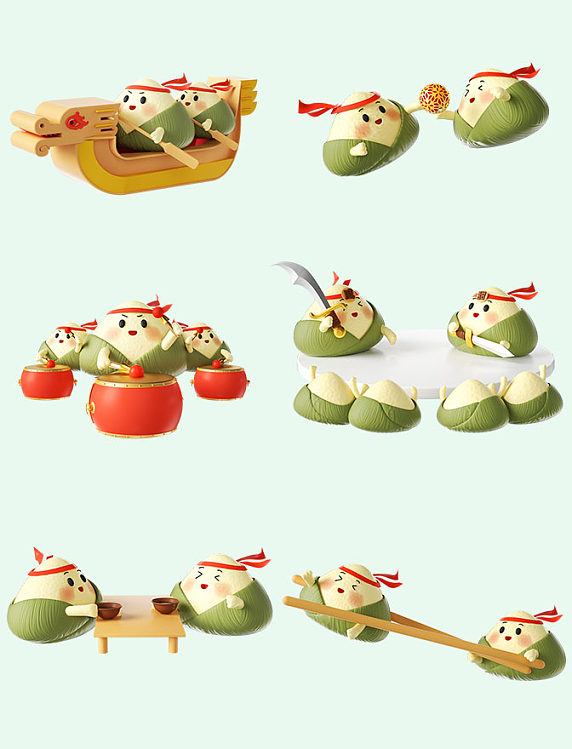 3D立体端午节粽子卡通创意形象C4D套图