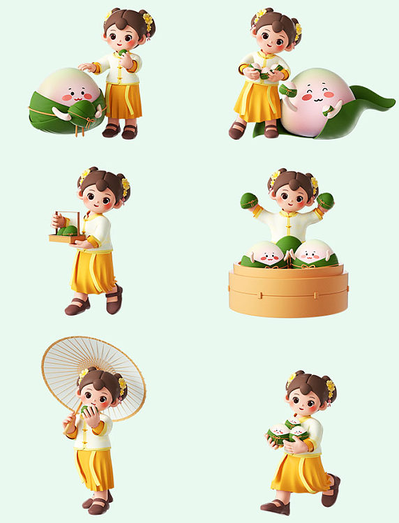 3D立体端午节古风女孩吃粽子形象C4D套图