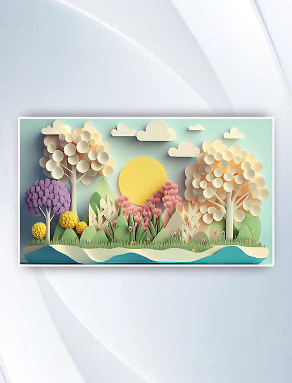 可爱春天剪纸风景色插画