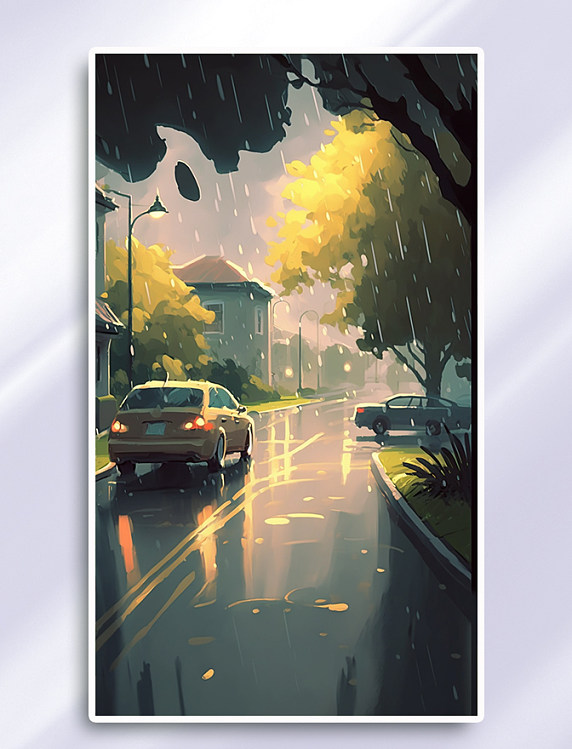 夏季下雨天道路插画