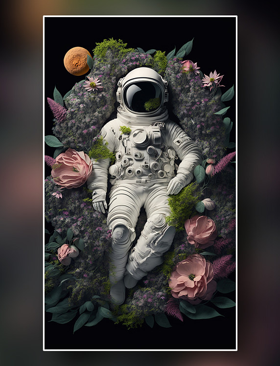 宇航员在鲜花环绕的草地上俯视图