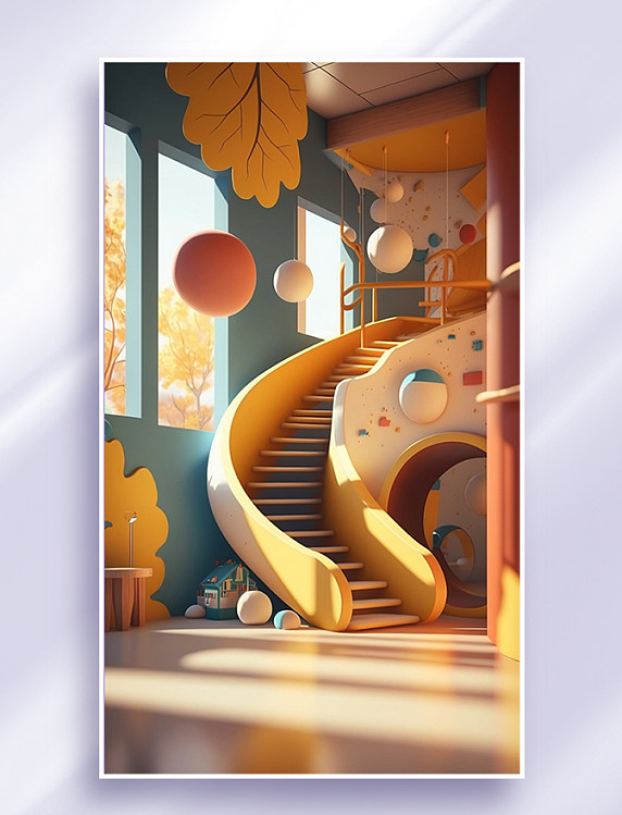 3D立体彩色幼儿园滑梯插画